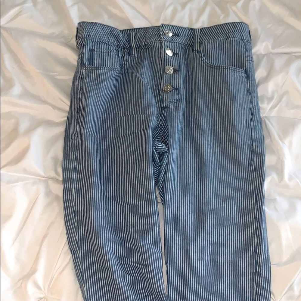 Blue and white striped denim skinny jeans